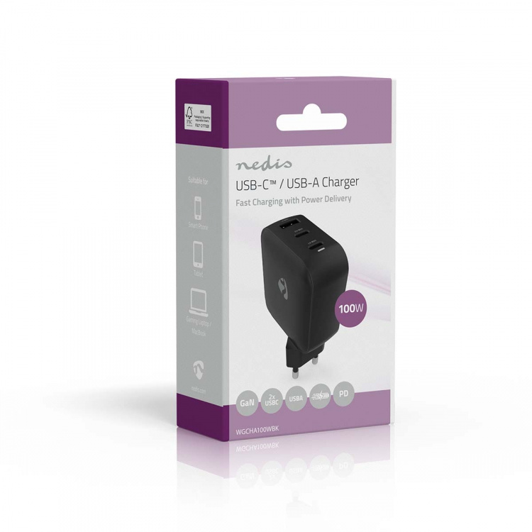 Nedis Väggladdare | 100 W | GaN | PD3.0 | Snabbladdnings funktion | 2.5 / 3.0 / 5.0 A | Antal utgångar: 3 | USB-A / 2x USB-C™ | Automatiskt val av Spänning | Svart Nedis Väggladdare | 100 W | GaN | PD3.0 | Snabbladdnings funktion | 2.5 / 3.0 / 5.0 A | Antal utgångar: 3 | USB-A / 2x USB-C™ | Automatiskt val av Spänning | Svart
