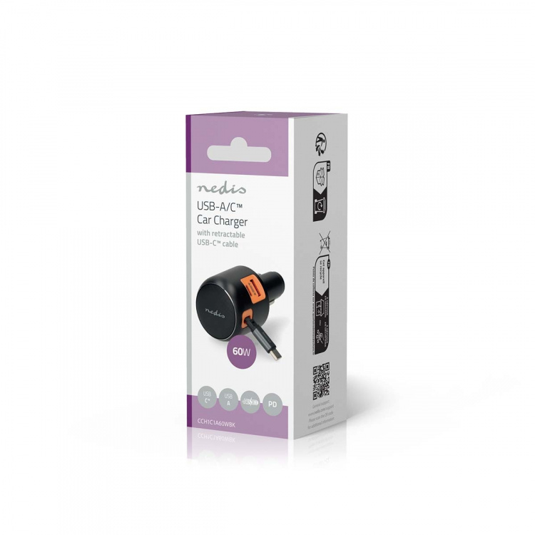 Nedis Billaddare | 60 W | 2.4 / 3.0 A | Antal utgångar: 3 | Port typ: USB-A / USB-C™ | USB-C™ utdragbar kabel | 0.70 m | Automatiskt val av Spänning