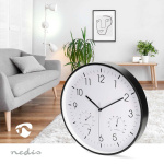 Nedis Väggklocka | Diameter: 300 mm | Plast | Tyst rörelse | Termometer | Hygrometer | Svart / Vit