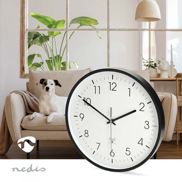 Nedis Väggklocka | Diameter: 300 mm | Plast | Radiostyrd tid | Tyst rörelse | Svart / Vit