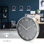 Nedis Väggklocka | Diameter: 300 mm | Aluminium | Radiostyrd tid | Tyst rörelse | Grå / Metall