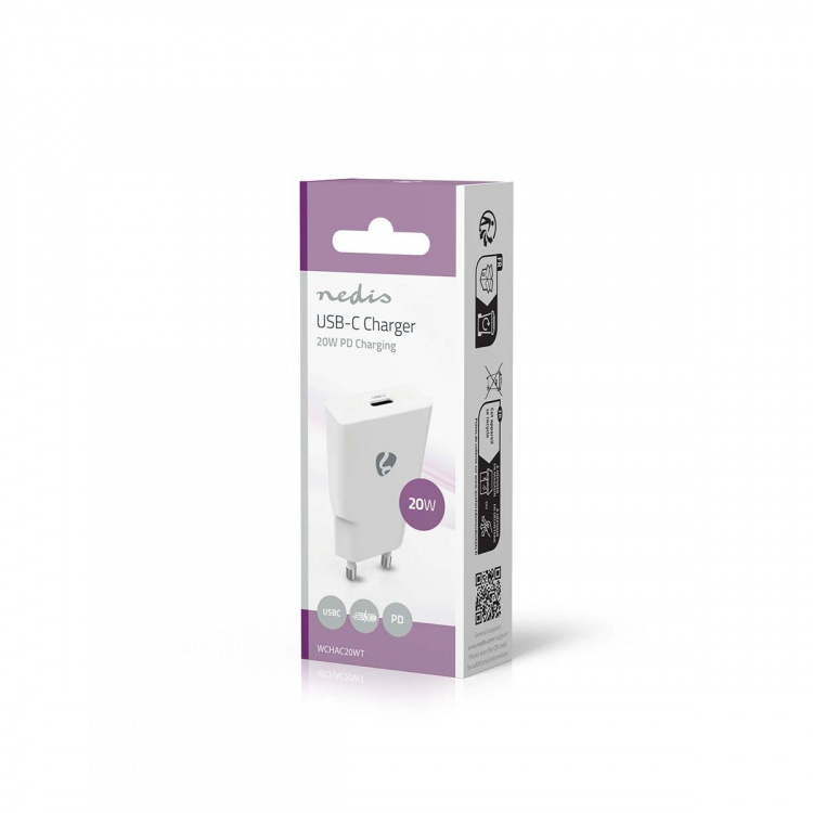 Nedis Väggladdare | 20 W | GaN | PD3.0 | Snabbladdnings funktion | 1.67 A / 2.22 A / 3.0 A | Antal utgångar: 1 | USB-C™ | Automatiskt val av Spänning | Vit