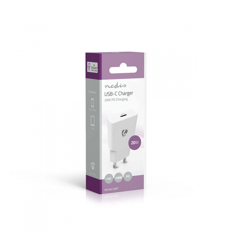 Nedis Väggladdare | 20 W | GaN | PD3.0 | 1.67 A / 2.22 A / 3.0 A | Antal utgångar: 1 | USB-C™ | Automatiskt val av Spänning | Vit