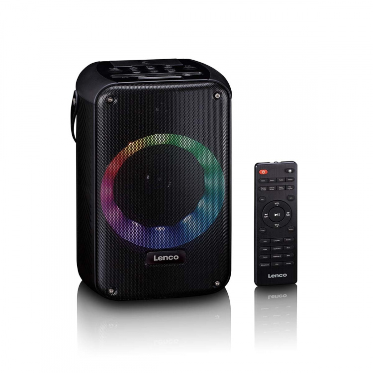 Lenco Karaokesystem med Bluetooth®, uppladdningsbart batteri, trådlös karaokemikrofon och LED-belysning för disco Svart