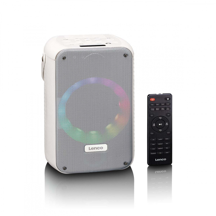 Lenco Karaokesystem med Bluetooth®, uppladdningsbart batteri, trådlös karaokemikrofon och disco-LED-belysning Vit Lenco Karaokesystem med Bluetooth®, uppladdningsbart batteri, trådlös karaokemikrofon och disco-LED-belysning Vit