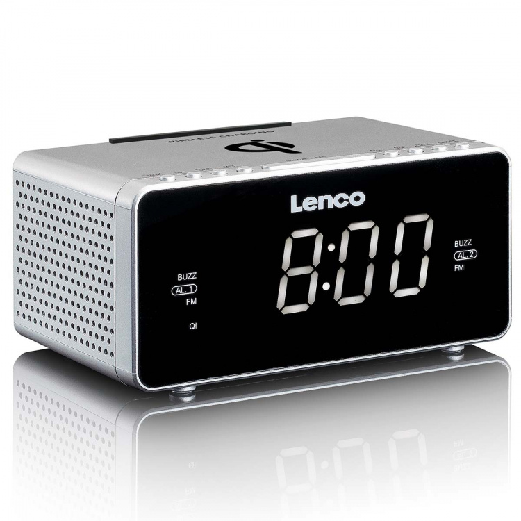 Lenco Stereo FM-klockradio med USB och Qi trådlös laddning för smartphone Silver Lenco Stereo FM-klockradio med USB och Qi trådlös laddning för smartphone Silver