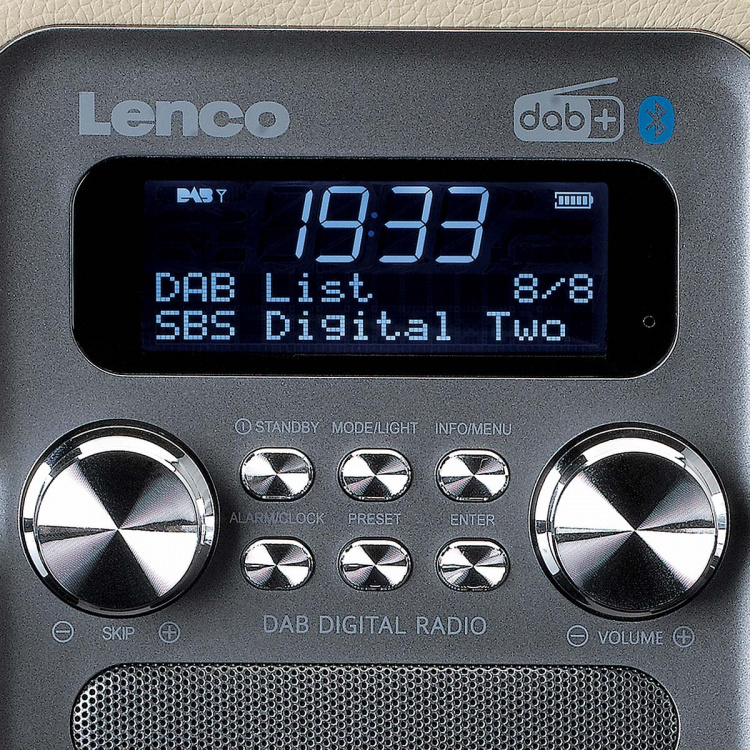 Lenco Bärbar DAB+ FM-radio med Bluetooth® och AUX-ingång, uppladdningsbart batteri Taupe Lenco Bärbar DAB+ FM-radio med Bluetooth® och AUX-ingång, uppladdningsbart batteri Taupe