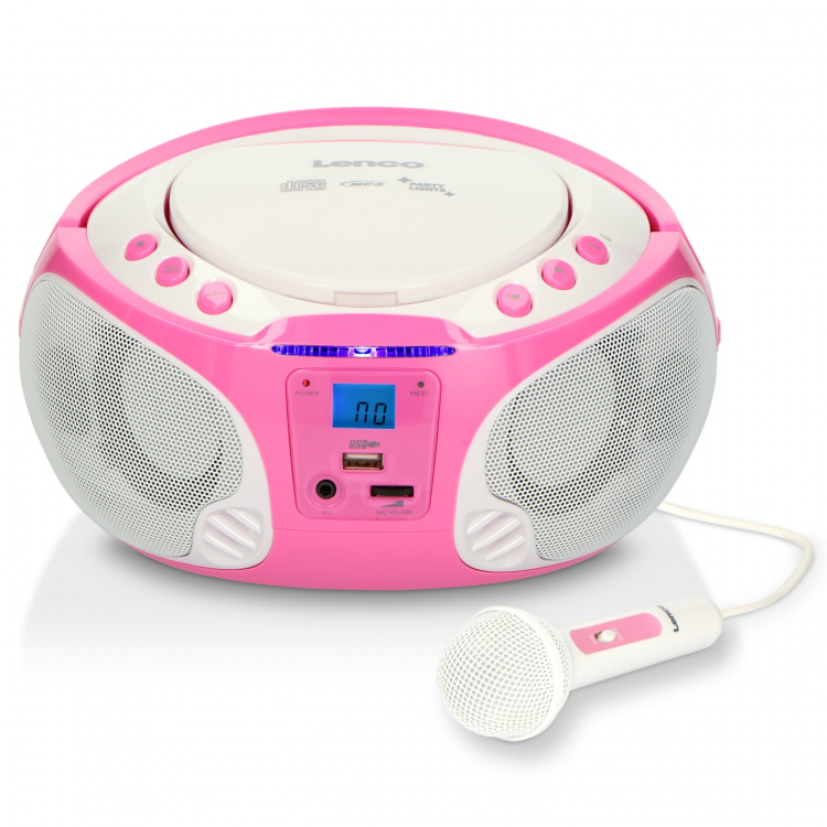 Lenco Bärbar FM-radio CD/MP3/USB Mikrofon och ljuseffekter Rosa