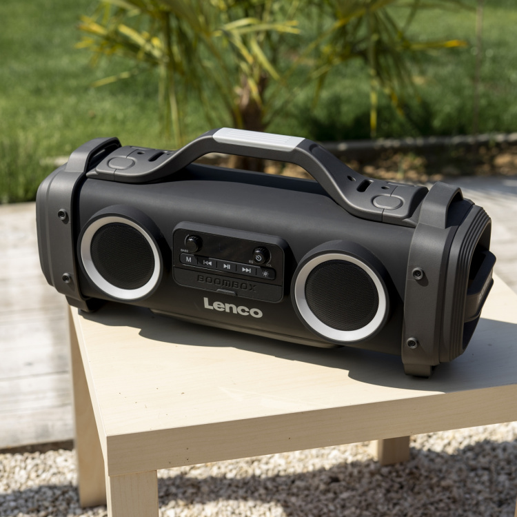 Lenco Stänksäker Bluetooth®-högtalare FM-radio USB och micro SD med ljuseffekter Svart Lenco Stänksäker Bluetooth®-högtalare FM-radio USB och micro SD med ljuseffekter Svart