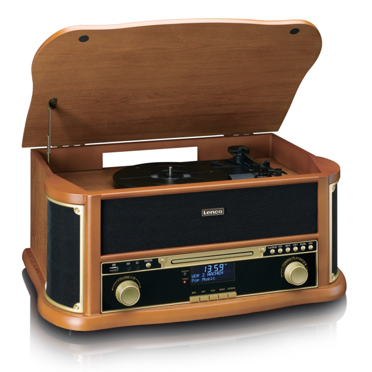 Lenco Retro skivspelare i trä med Bluetooth®, DAB+/FM-radio, USB-kodning, CD-spelare, kassettspelare och inbyggda högtalare Lenco Retro skivspelare i trä med Bluetooth®, DAB+/FM-radio, USB-kodning, CD-spelare, kassettspelare och inbyggda högtalare