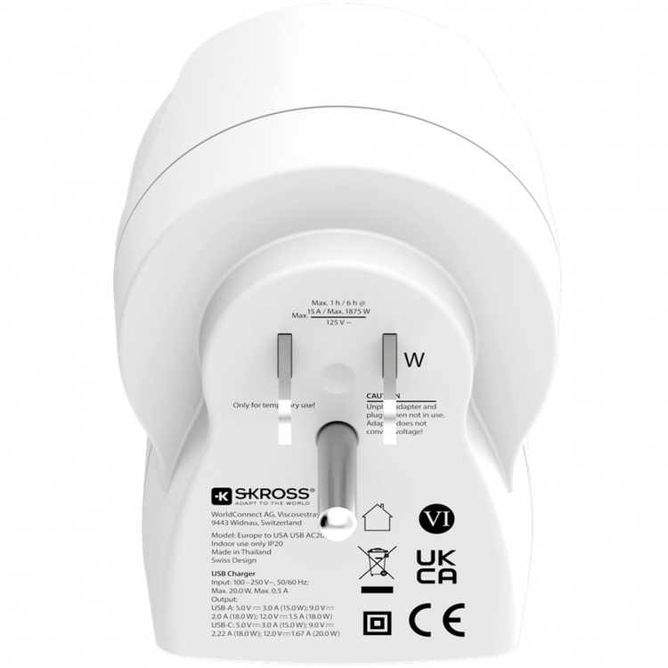 SKROSS Reseadapter Europa till USA m.fl. USB-A/USB-C 20W PD Jordad