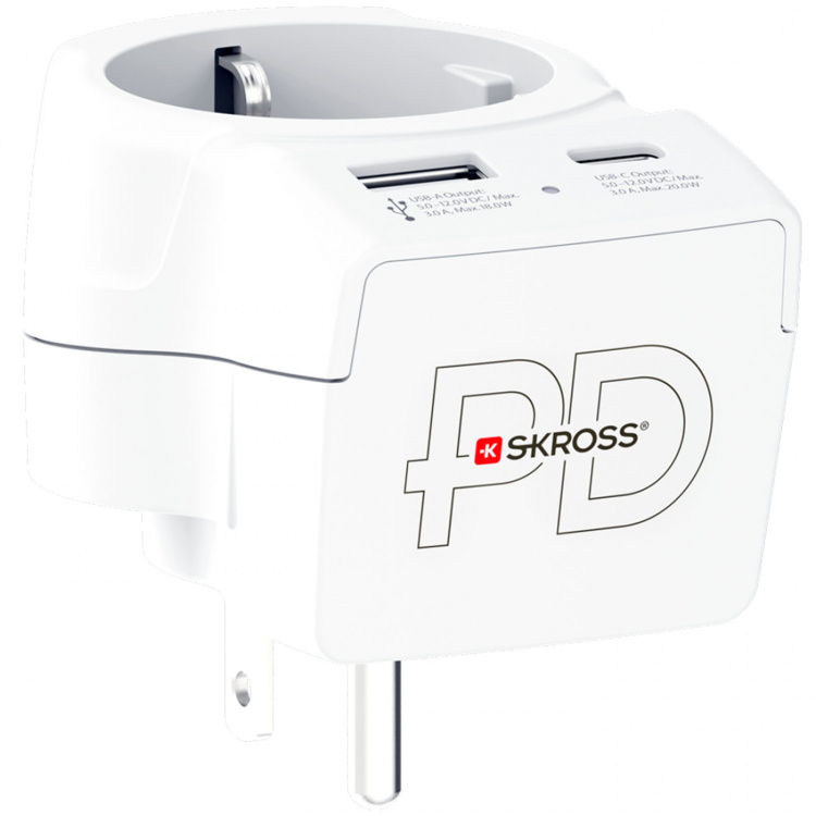 SKROSS Reseadapter Europa till USA m.fl. USB-A/USB-C 20W PD Jordad