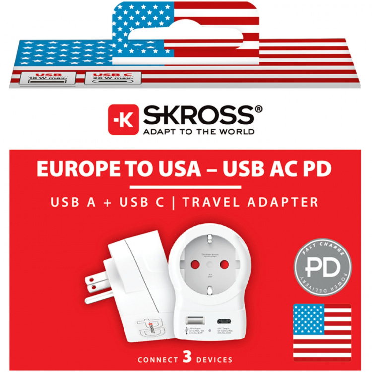 SKROSS Reseadapter Europa till USA m.fl. USB-A/USB-C 20W PD Jordad