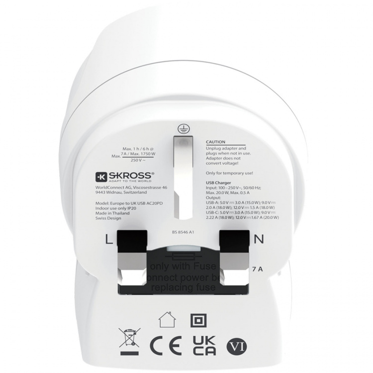 SKROSS Reseadapter Europa till UK m.fl. USB-A/USB-C 20W PD Jordad SKROSS Reseadapter Europa till UK m.fl. USB-A/USB-C 20W PD Jordad
