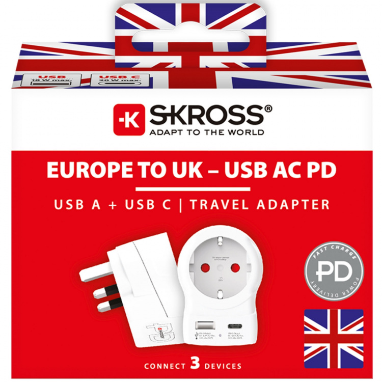 SKROSS Reseadapter Europa till UK m.fl. USB-A/USB-C 20W PD Jordad SKROSS Reseadapter Europa till UK m.fl. USB-A/USB-C 20W PD Jordad