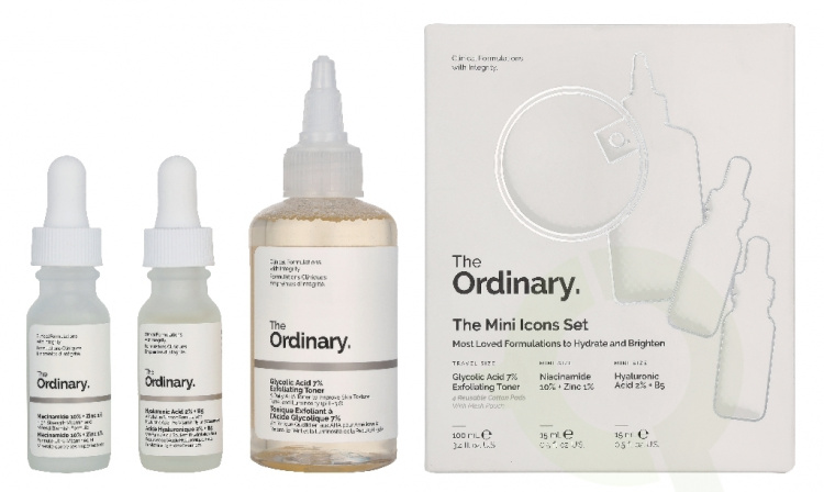 The Ordinary The Mini Icons Set 130 ml Glycolic Acid Exfoliating Toner 100ml/Niacinamide 15ml/Hyaluronic Acid 15ml/4 Cotton Pads/Mesh Pouch