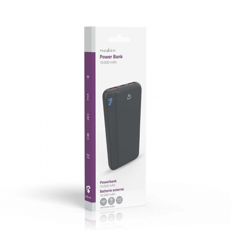 Nedis Powerbank | 10000 mAh | 1.5 / 1.67 / 2.0 / 2.22 / 3.0 A | Antal utgångar: 3 | Utgångsanslutning: 1x USB-C™ / 2x USB-A | Ingångsanslutning: 1x USB-C™ | PD3.0 20W | Litium-polymer | Display
