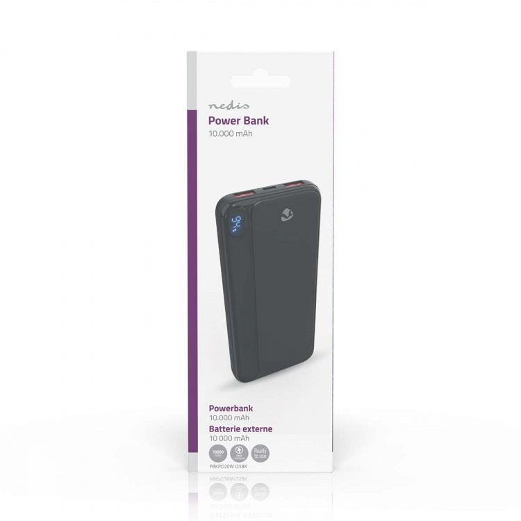 Nedis Powerbank | 10000 mAh | 1.5 / 1.67 / 2.0 / 2.22 / 3.0 A | Antal utgångar: 3 | Utgångsanslutning: 1x USB-C™ / 2x USB-A | Ingångsanslutning: 1x USB-C™ | PD3.0 20W | Litium-polymer | Display