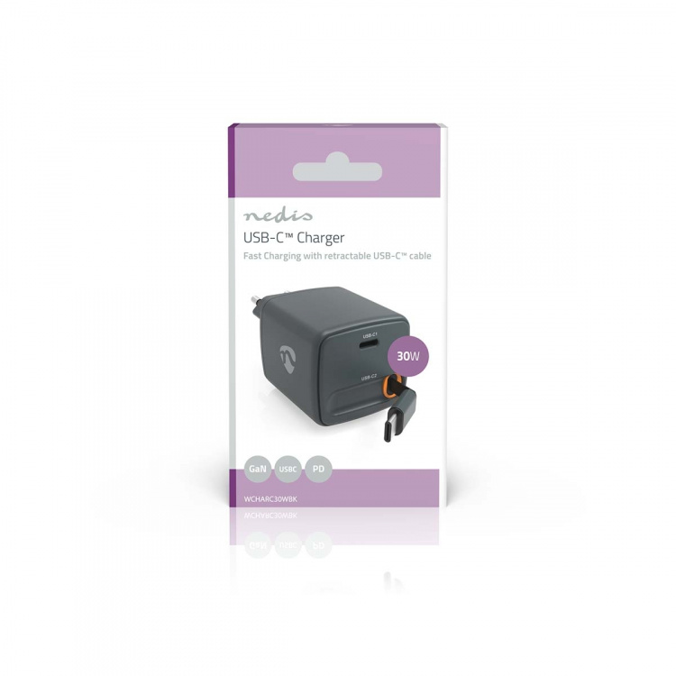 Nedis Väggladdare | Med indragbar kabel | 30 W | GaN | PD3.0 30W | 1.5 / 2.0 / 2.5 / 3.0 A | Antal utgångar: 1 | USB-C™ | USB-C™ utdragbar kabel | 0.75 m | Automatiskt val av Spänning | Svart