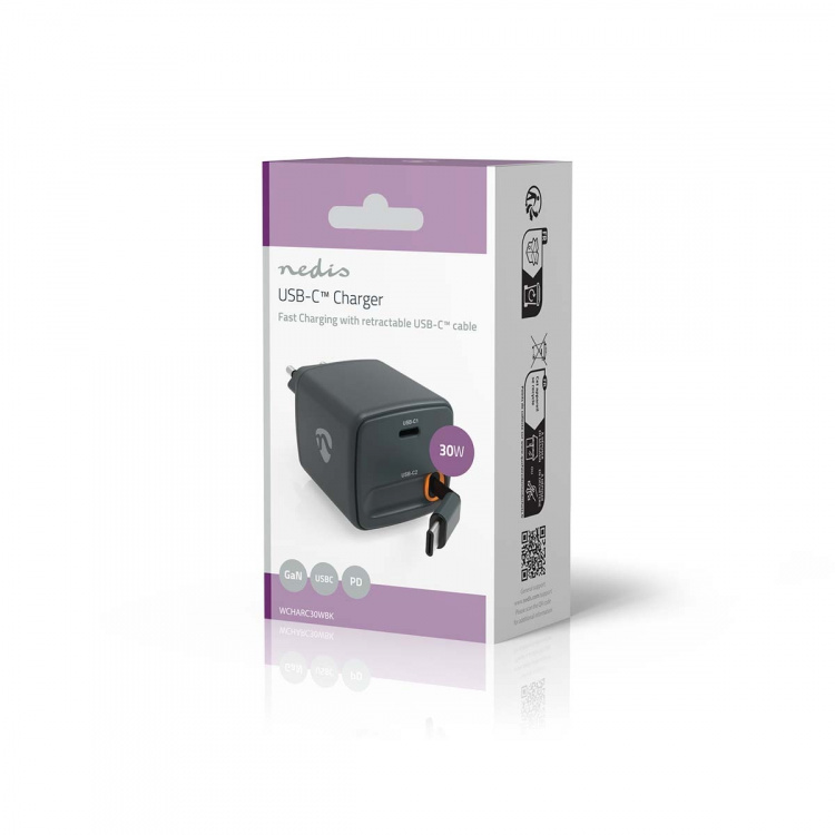 Nedis Väggladdare | Med indragbar kabel | 30 W | GaN | PD3.0 30W | 1.5 / 2.0 / 2.5 / 3.0 A | Antal utgångar: 1 | USB-C™ | USB-C™ utdragbar kabel | 0.75 m | Automatiskt val av Spänning | Svart