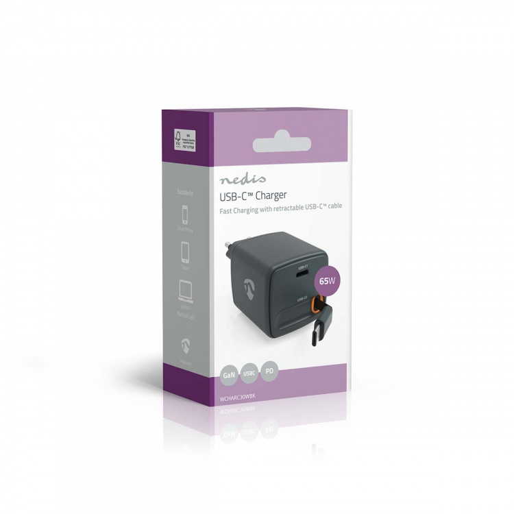 Nedis Väggladdare | Med indragbar kabel | 65 W | GaN | PD3.0 30W | 3.0 / 3.25 A A | Antal utgångar: 1 | USB-C™ | USB-C™ utdragbar kabel | 0.75 m | Automatiskt val av Spänning | Svart