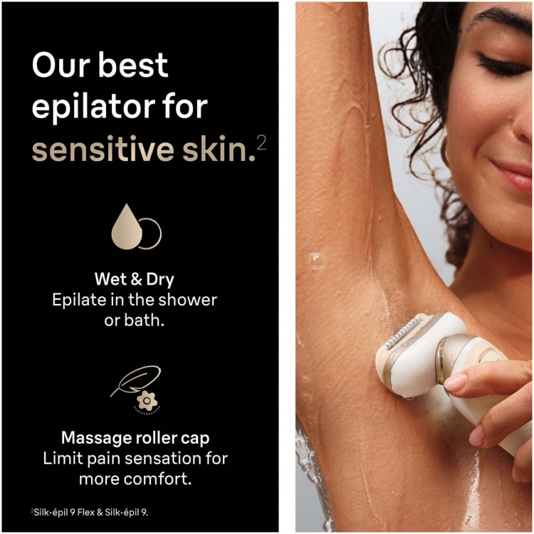 Braun Epilator Silk·épil 9 Flex Wet & Dry, Långvarigt Slät Hud, 9-030 3D, Guld