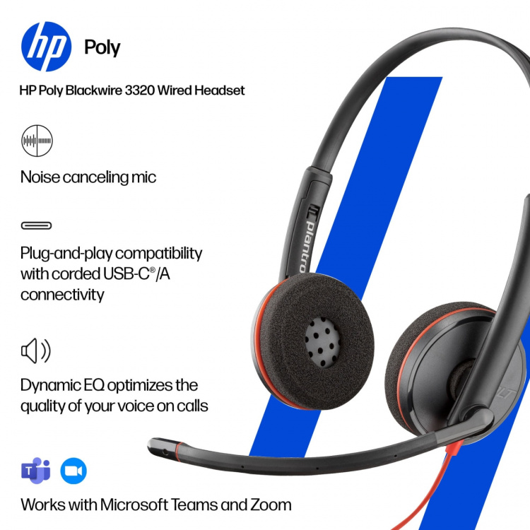 poly Blackwire 3320 stereomikrofon med headset, USB-C, Microsoft Teams-certifierad (8X220AA)