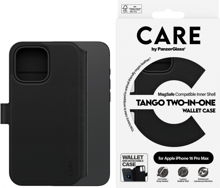 PanzerGlass CARE by PanzerGlass Tango Two-in-One Wallet Case MagSafe-kompatibelt plånboksfodral, Apple iPhone 16 Pro Max, svart