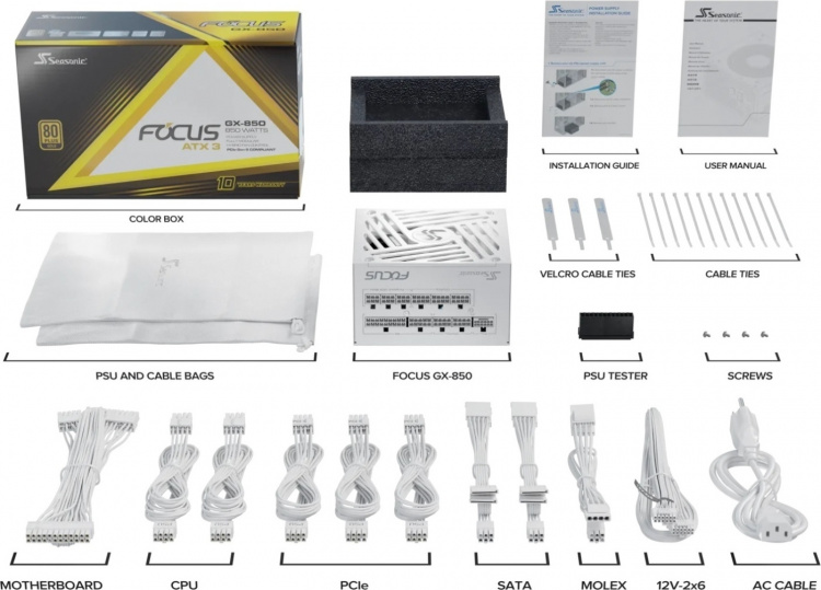 Seasonic FOCUS GX-850 ATX 3.1 (2024) -nätaggregat, vitt, 850 W