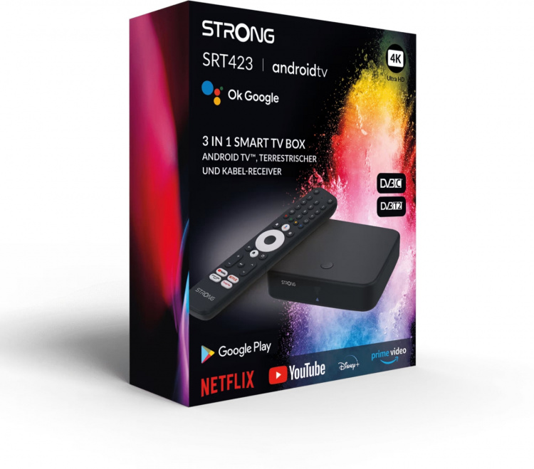Strong SRT423 4K + DVB-T2/C Wi-Fi 4K Android TV-mediaspelare/digitalbox